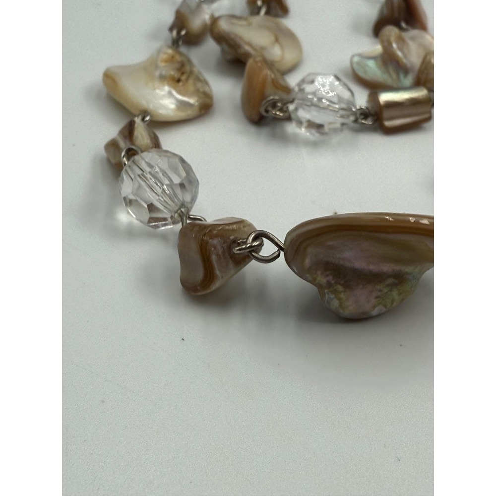 Mother of Pearl Shell & Faceted Glass Bead Long Necklace Brown Cream Iridescent